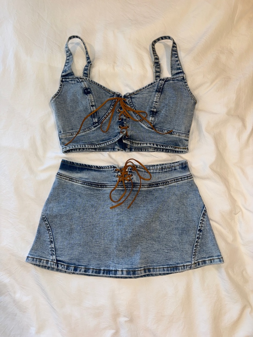 Edikted Light Blue Denim Lace-Up Crop Top & Skirt Set